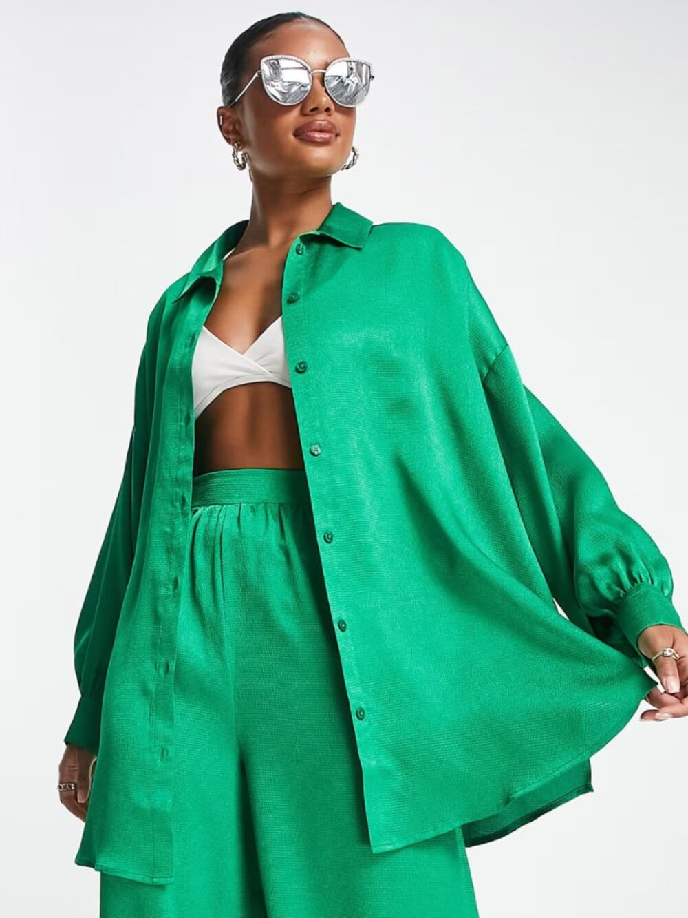 ASOS DESIGN Green Satin Oversized Button Down Beach Shirt in US 14